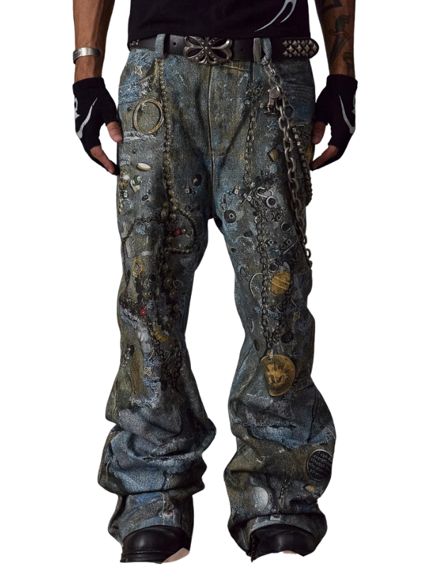Cyber Grunge Printed Chain Denim Pants