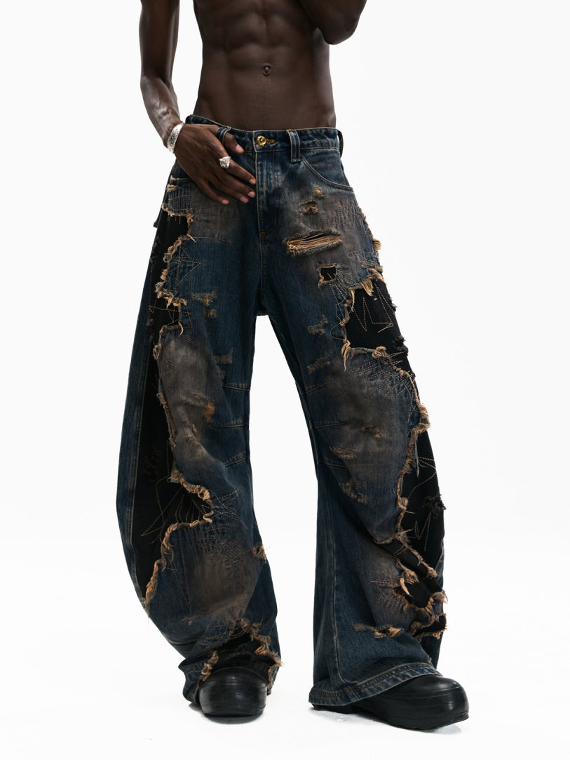 Shattered Patchwork Wide-Leg Denim Pants