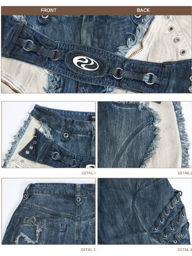 Frayed Lace-Up Panel Denim Pants