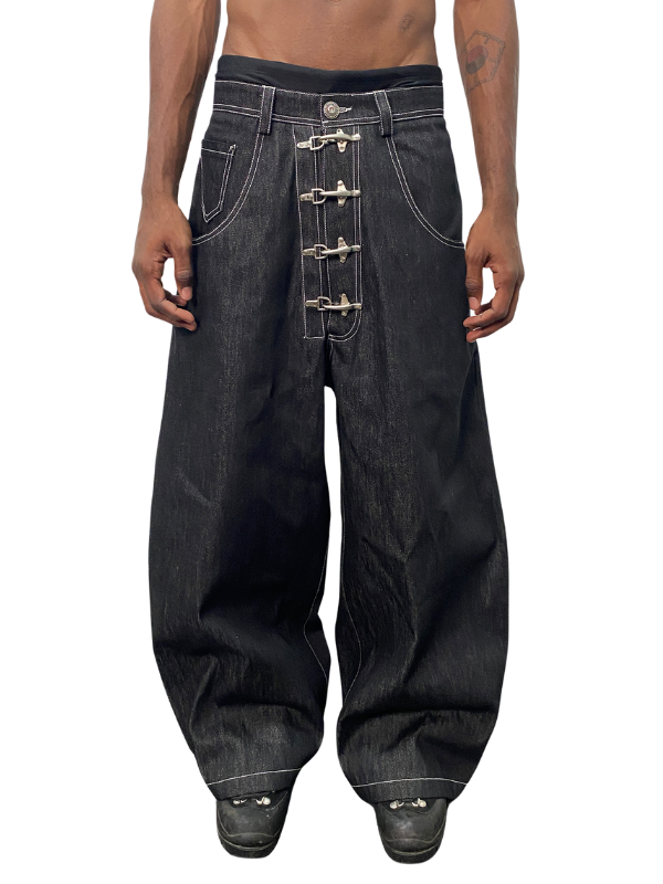Hook Buckle Wide-Leg Denim Pants