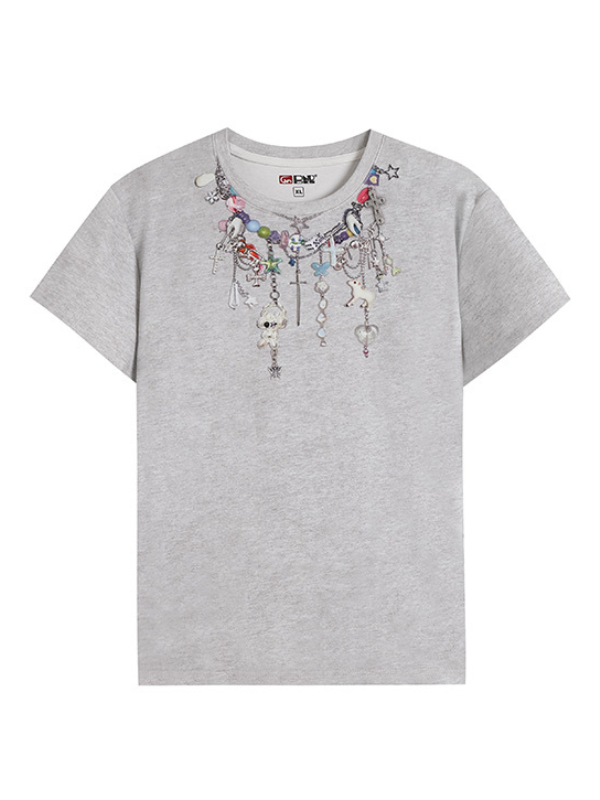 Beaded Charm Necklace Print Tee