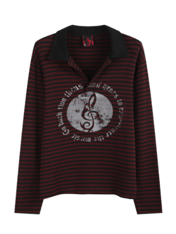 Striped Music Emblem Long Sleeve Polo Shirt