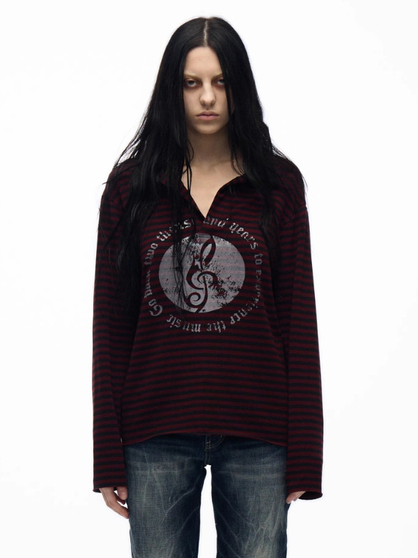 Striped Music Emblem Long Sleeve Polo Shirt