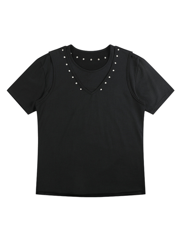 Punk Studded V-Neck Fake Layered Tee