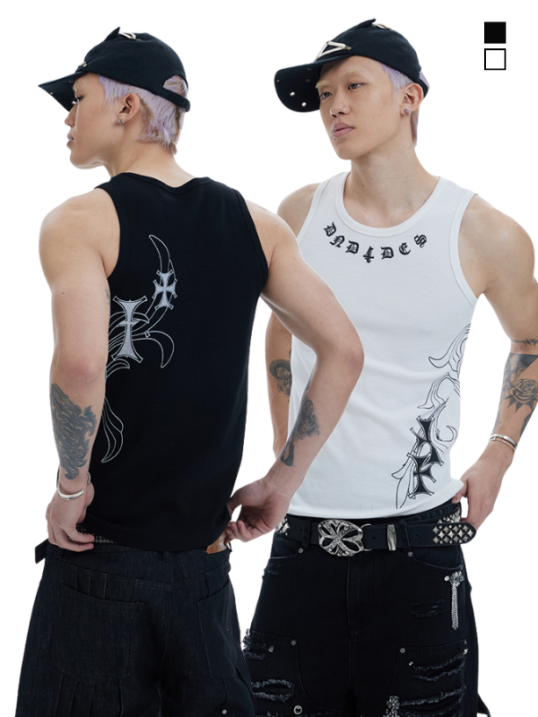 Tribal Spine Graphic Ribbed Tank Top　　