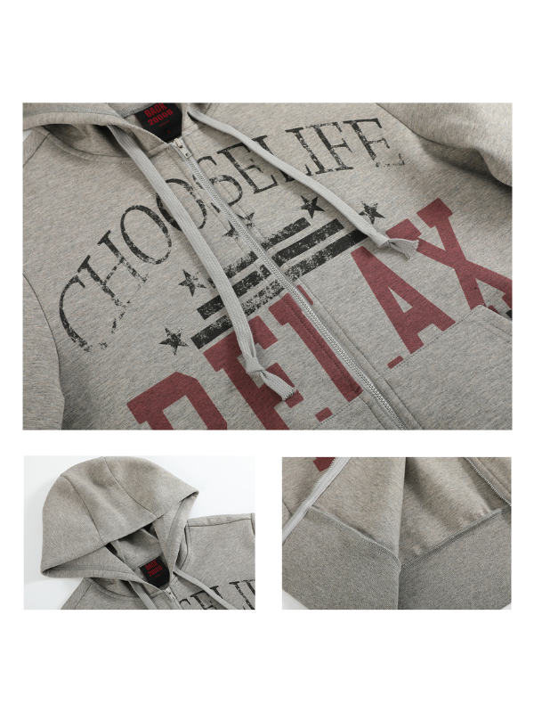Distressed Grey Full-Print Zip-Up Hoodie