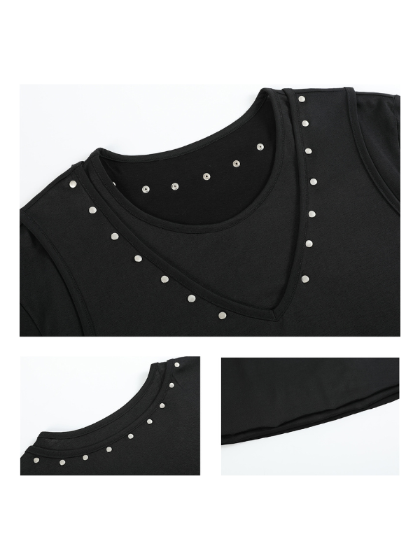 Punk Studded V-Neck Fake Layered Tee