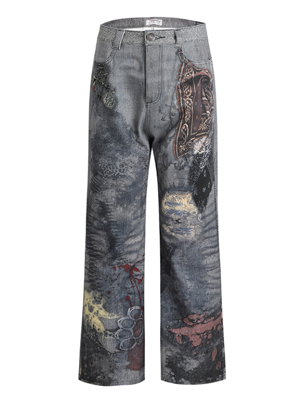 Industrial Graffiti Washed Wide Jeans