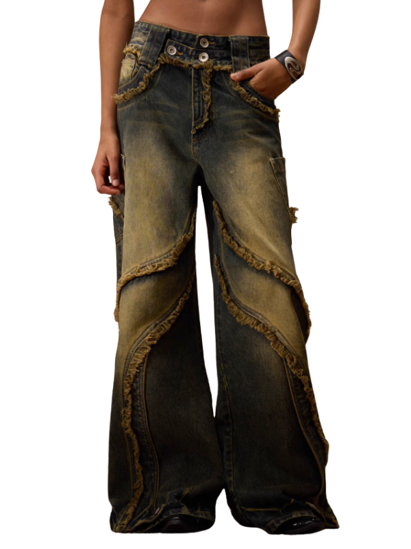 Distressed Curved Panel Wide Jeans