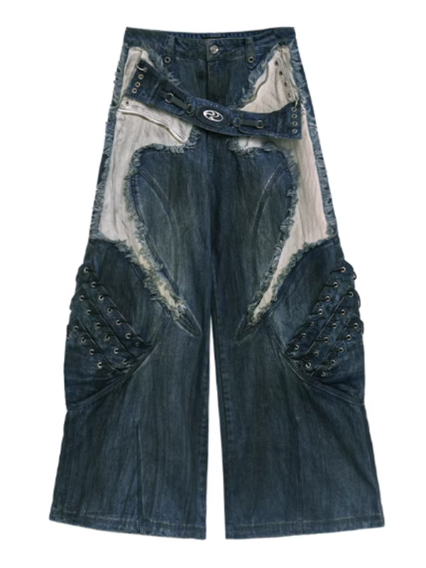 Frayed Lace-Up Panel Denim Pants