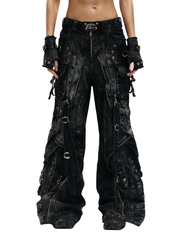 Tactical Washed Wide-Leg Jeans