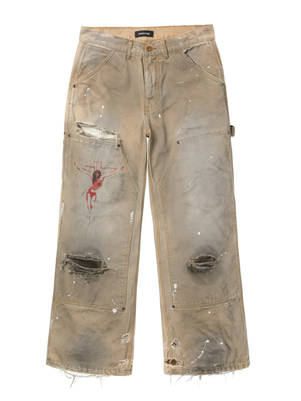 Distressed Workwear Pants with Red Graphic Print