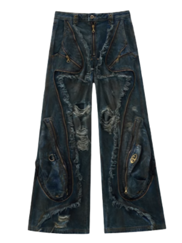 Distressed Multi-Zip Denim Pants