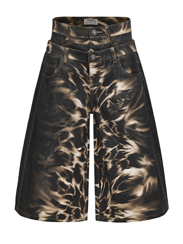 Double Waist Flame Wash Denim Short Pants