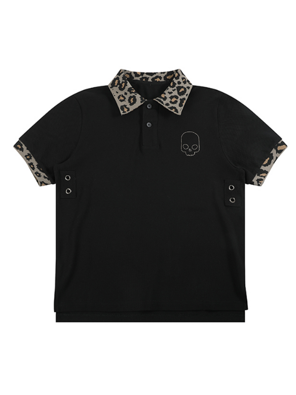 Leopard Collar Skull Embroidery Polo Shirt