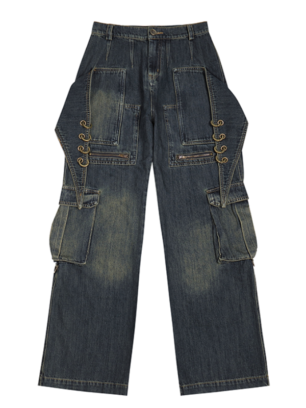 Metal Loop Detail Wide Denim Cargo Pants