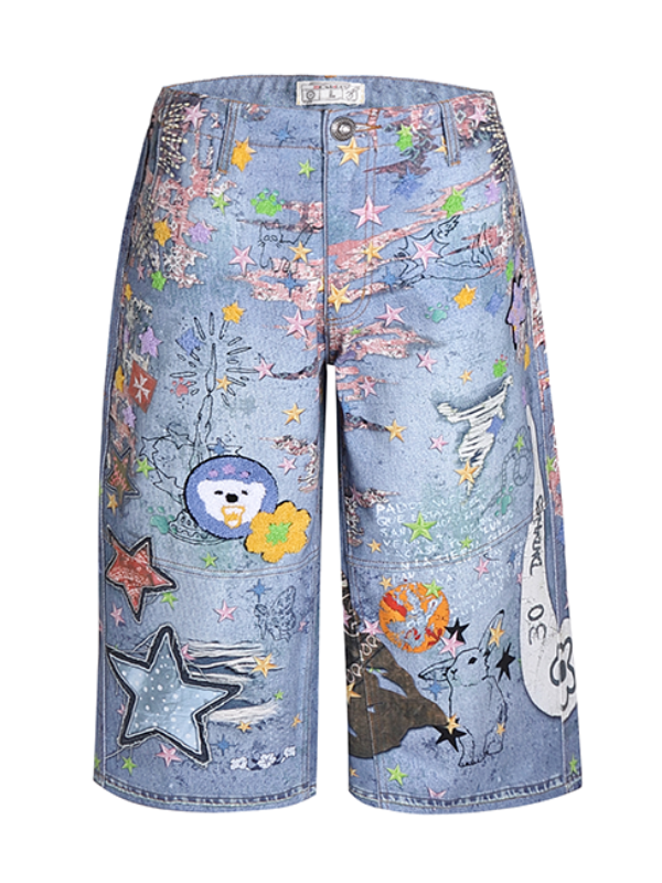 Star Graffiti Art Denim Short Pants