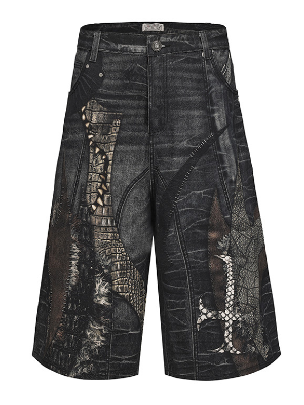Reptile Patchwork Denim Shorts