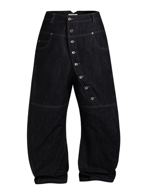 Asymmetric Button Wide-Leg Denim Pants
