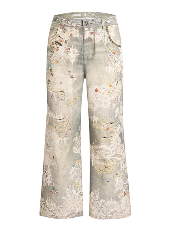 Gem Embellished Lace Patchwork Denim Pants