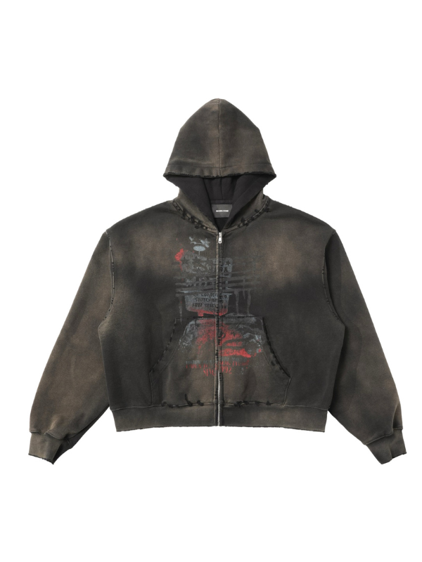 Distressed Zip-Up Hoodie with Faded Graphic