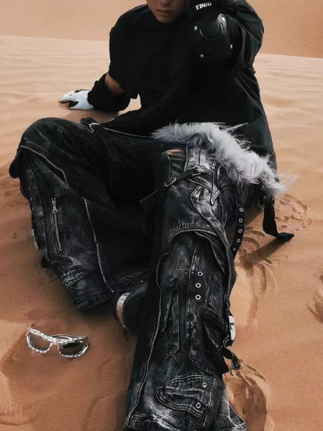 Tactical Washed Wide-Leg Jeans