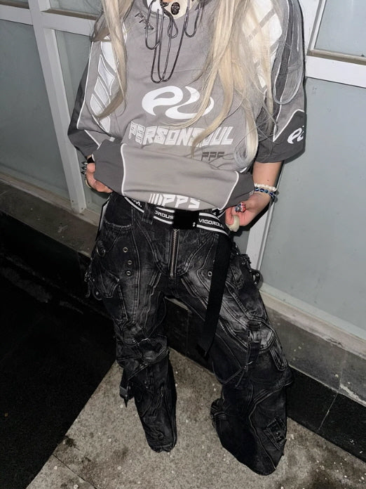 Tactical Washed Wide-Leg Jeans