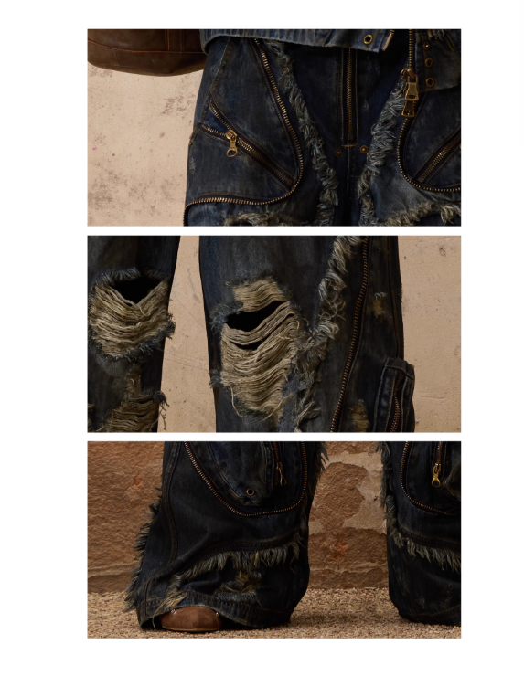 Distressed Multi-Zip Denim Pants