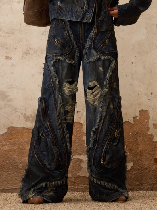 Distressed Multi-Zip Denim Pants