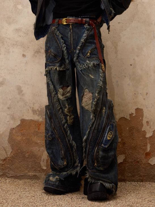 Distressed Multi-Zip Denim Pants