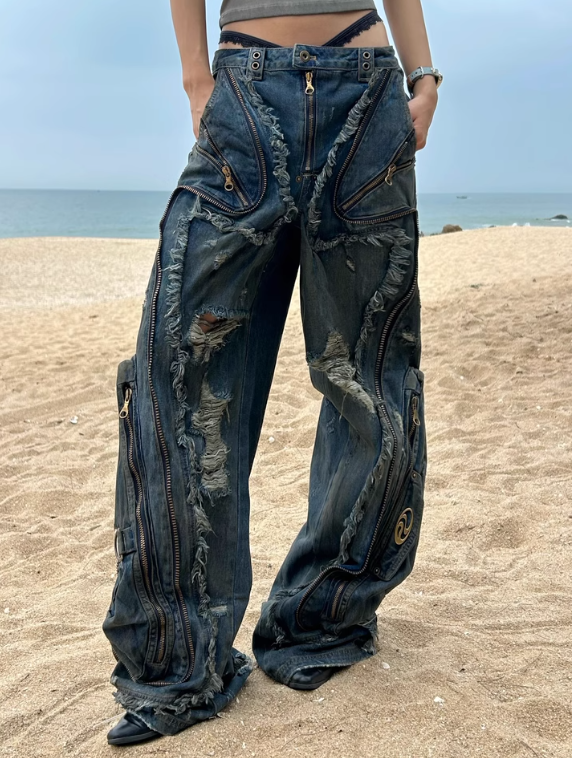 Distressed Multi-Zip Denim Pants