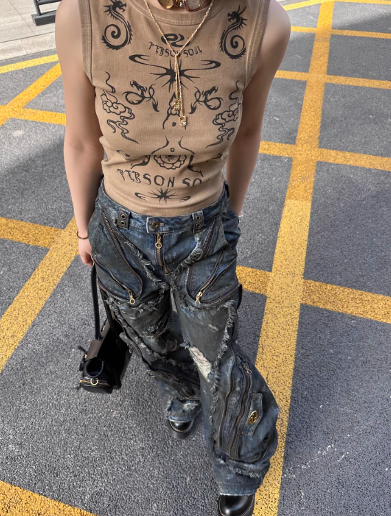 Distressed Multi-Zip Denim Pants