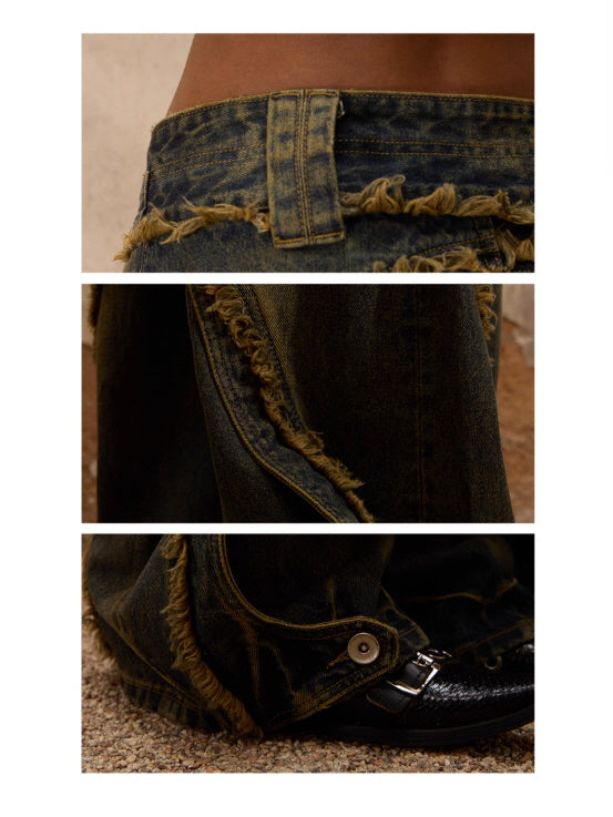 Distressed Curved Panel Wide Jeans