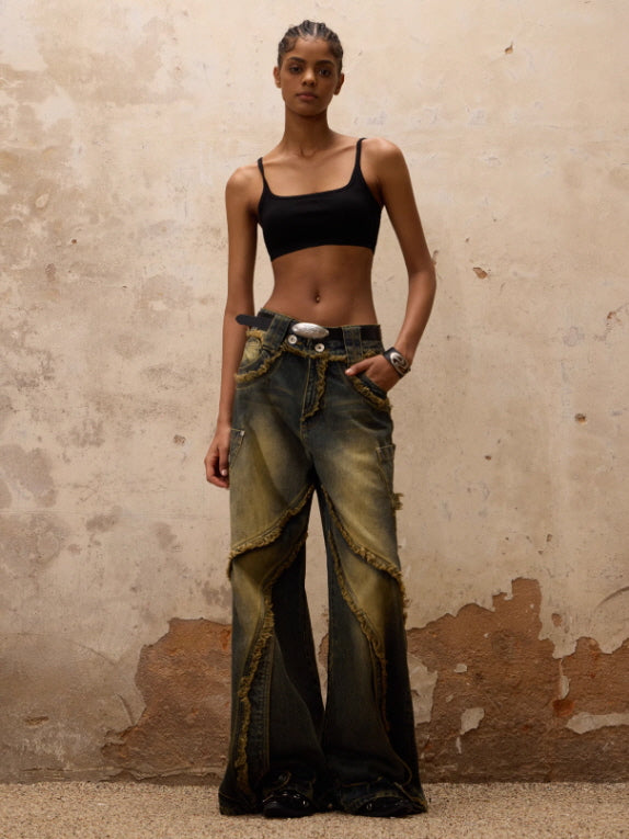 Distressed Curved Panel Wide Jeans