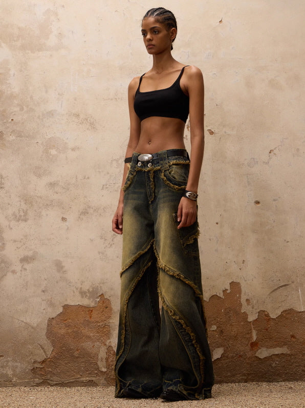 Distressed Curved Panel Wide Jeans