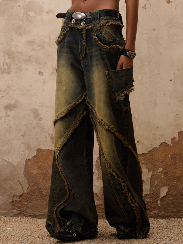 Distressed Curved Panel Wide Jeans