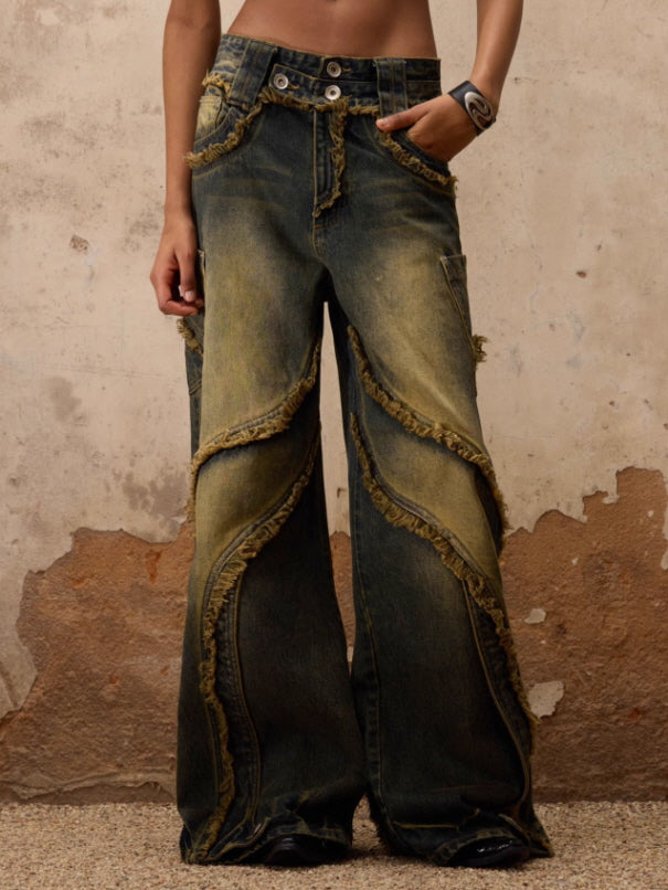 Distressed Curved Panel Wide Jeans
