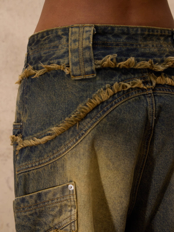 Distressed Curved Panel Wide Jeans