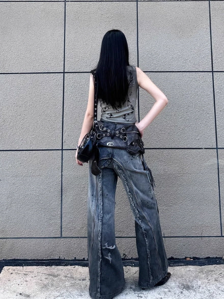 Fringe Belted Flare Cargo Pants Set