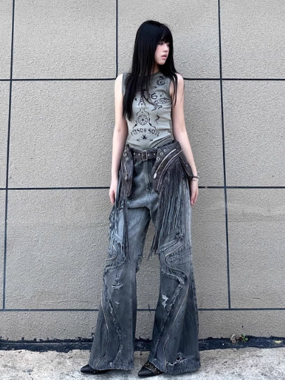 Fringe Belted Flare Cargo Pants Set