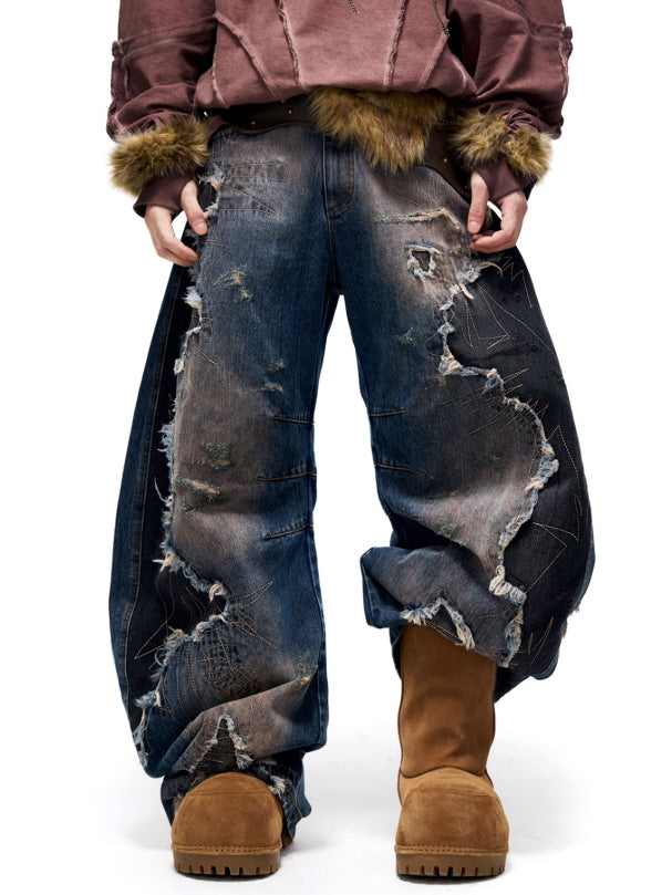 Shattered Patchwork Wide-Leg Denim Pants