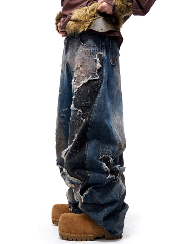 Shattered Patchwork Wide-Leg Denim Pants
