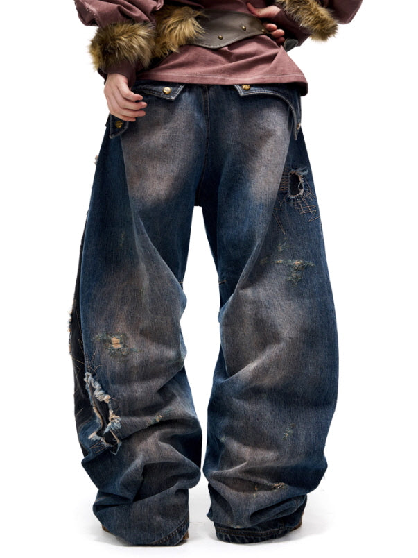 Shattered Patchwork Wide-Leg Denim Pants