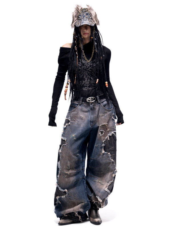 Shattered Patchwork Wide-Leg Denim Pants