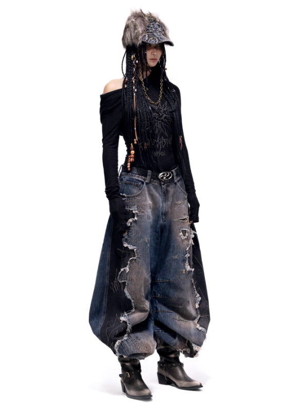 Shattered Patchwork Wide-Leg Denim Pants