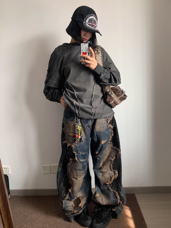 Shattered Patchwork Wide-Leg Denim Pants