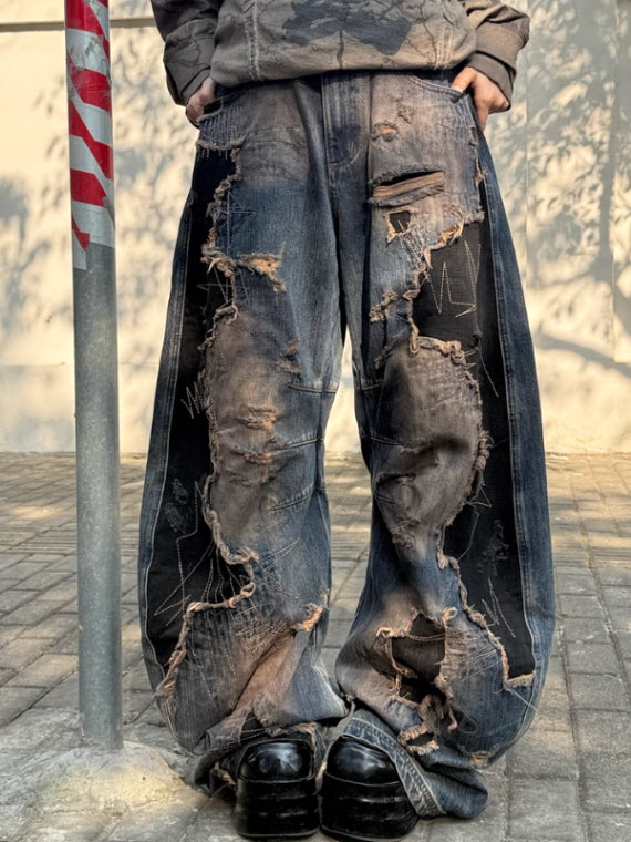 Shattered Patchwork Wide-Leg Denim Pants