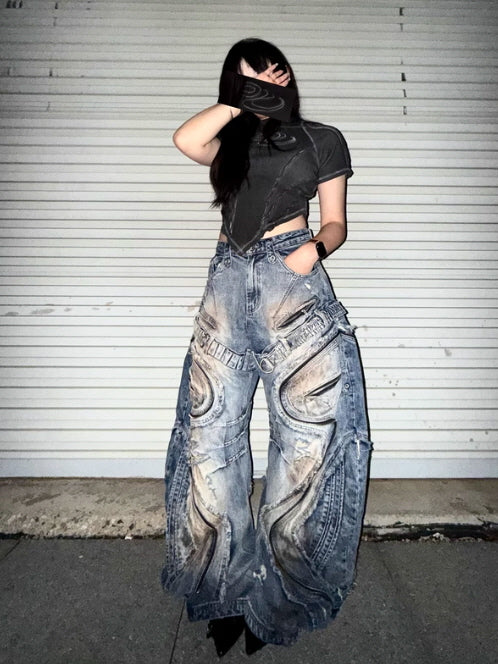 Industrial Wave Washed Denim Pants