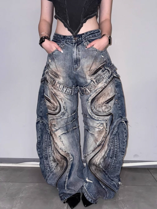 Industrial Wave Washed Denim Pants