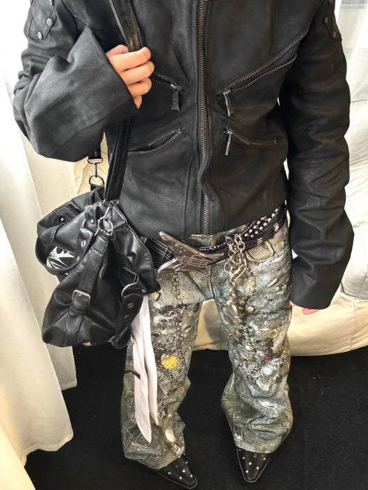 Cyber Grunge Printed Chain Denim Pants